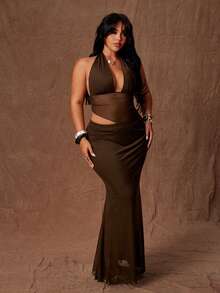 Rustia Modisches Spaghetti-Träger Mesh V-Ausschnitt Mesh Camisole Set mit Fischschwanz Bodycon Rock - Braun - Übersicht 4