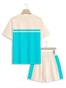 Manfinity RSRT 男士撞色字母印花圆领短袖T恤和短裤休闲套装 - 彩色 - 查看 4