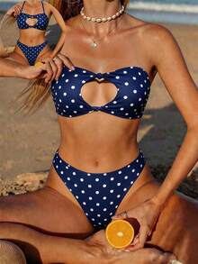 Swim Mod - Conjunto de Bikini Sólido para Playa de Verano, Top Bandeau con Decoración de Nudos y Braguita de Corte Alto, Traje de Baño de 2 Piezas - Azul - Ver 3