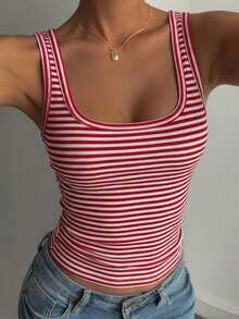 DAZY Women's Striped Square Neck Fitted Casual Camisole - Burgundy - View 3