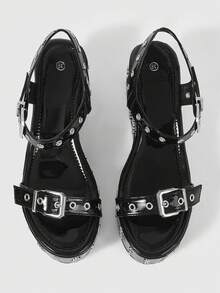 ROMWE Grunge Punk 女士铆钉扣金属丝厚底凉鞋。 - 黑色 - 查看 3