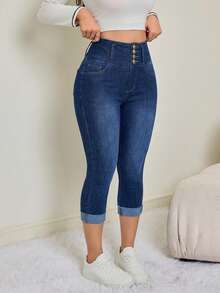 SHEIN Tall 大码女式高腰弹力牛仔七分裤，修身高腰三扣收腹牛仔裤，夏季休闲女式高腰口袋纽扣休闲百搭日常牛仔裤 - 深色水洗藍 - 查看 3