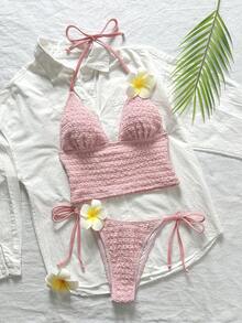 Swim Mod Women's Two Pieces Textured Fabric Casual Bikini Set - Pink - View 2