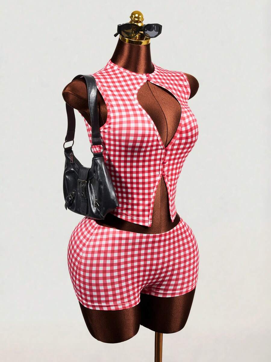 Mistrie 2pcs Plaid Hollow Out Camisole And Shorts Set, Sexy Summer Outfit - Red and White - View 1