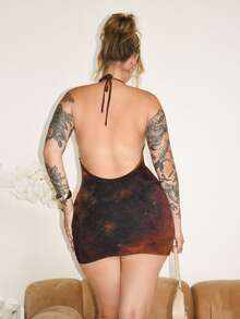 Arliah Đầm ôm sát cơ thể hở lưng nhuộm loang cổ yếm - Nhiều màu - Xem 2