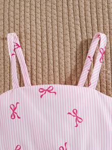 SHEIN Vintaside Kids 女嬰粉色夏季柔軟可愛度假休閒套裝 白色條紋露背掛脖上衣與裙子套裝 編織蝴蝶結荷葉邊裙襬俏皮套裝 - 淺粉色 - 查看 6