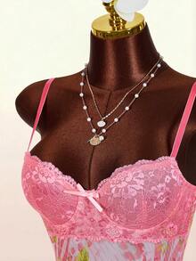 Amplova Lace Cup Detail Tropical Floral Mesh Bodycon Mini Dress Summer Outfit For Women   Spring Outfit Festival Outfits For Women  Party Dress Beach Outfit For Women Wedding Guest Dress For Women Elegant Dresses For Women Casual Dresses For Women Vacation Outfits Women - Pink - View 4