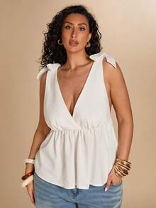 SHEIN BAE Áo camisole cổ chữ V tối giản với dây đeo thắt nơ, kiểu dáng thường ngày. - trắng - Xem 1