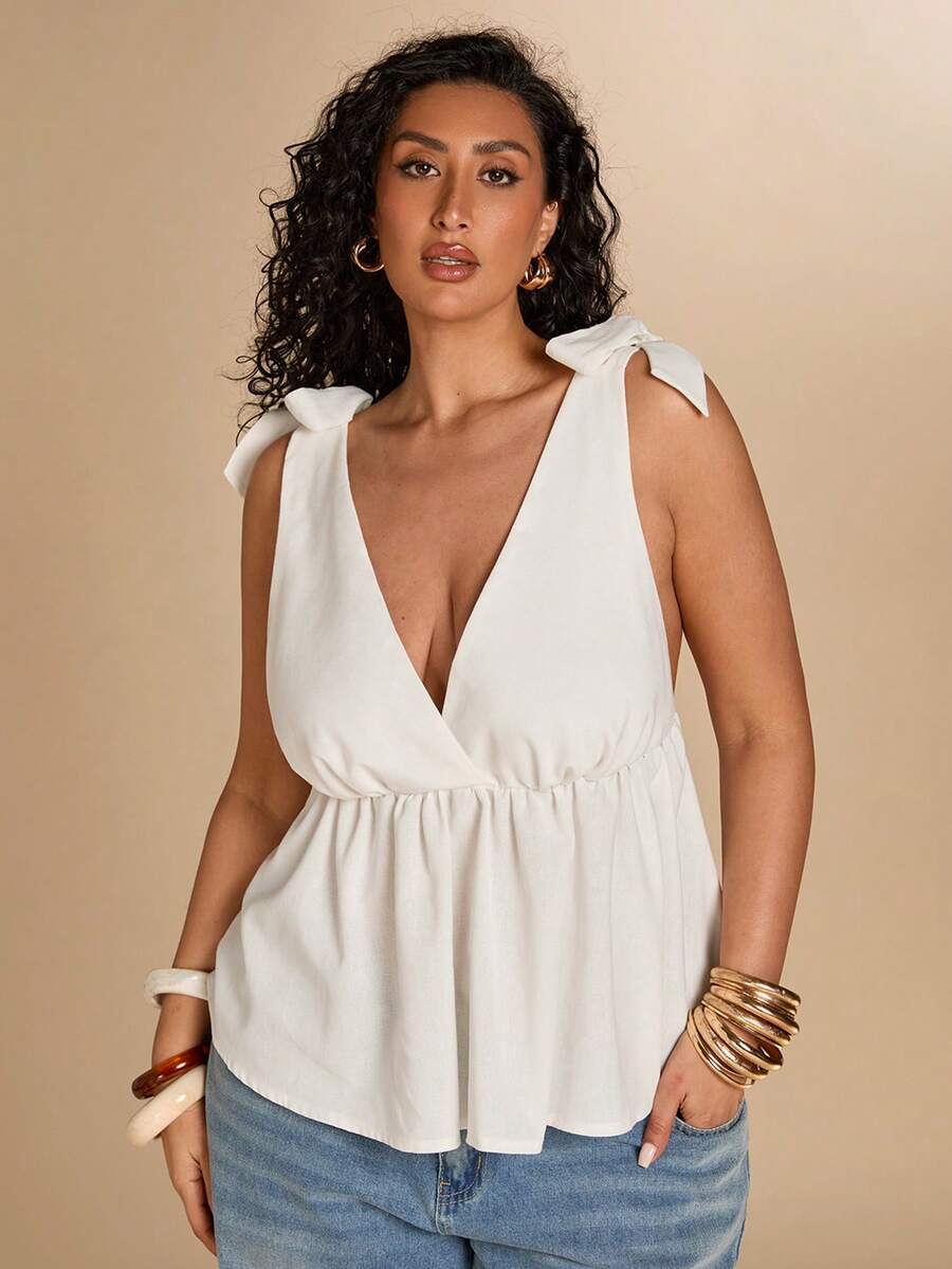SHEIN BAE Áo camisole cổ chữ V tối giản với dây đeo thắt nơ, kiểu dáng thường ngày. - trắng - Xem 1