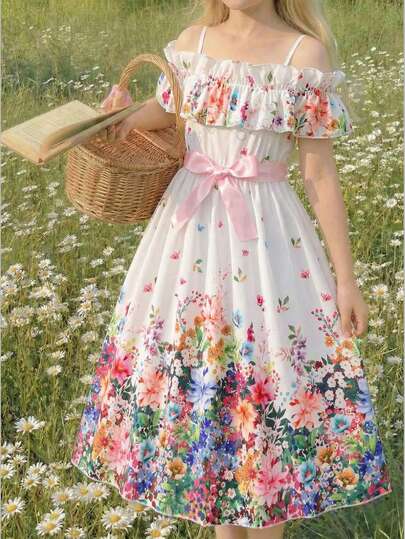 1pc Girls' Elegant Floral Digital Print Off Shoulder Ruffle Adjustable Strap Dress With Satin Belt, Suitable For Daily Wear, Party, Vacation, Casual