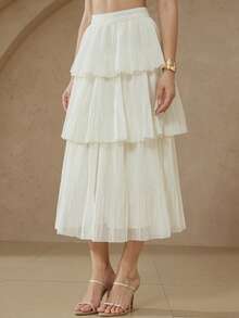 Aveloria Rosie 优雅法式风格女士简约浪漫约会奢华质感仿亚麻多层褶裥半身裙 - 白色 - 查看 2