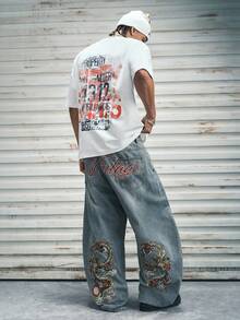 Modcrash 1pc American Style Men's Street Fashion Embroidered Wide Leg Pants, Loose Casual Comfortable Commuting All-Season Versatile Jeans (No Belt Or Accessories) , Retro American, Unisex, Relaxed Fit Summer Outfits – Suitable For Everyday Wear And Summer Holiday Outfits. - Blue - View 1