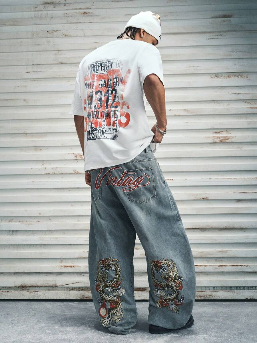 Modcrash 1pc American Style Men's Street Fashion Embroidered Wide Leg Pants, Loose Casual Comfortable Commuting All-Season Versatile Jeans (No Belt Or Accessories) , Retro American, Unisex, Relaxed Fit Summer Outfits – Suitable For Everyday Wear And Summer Holiday Outfits. - Blue - View 1