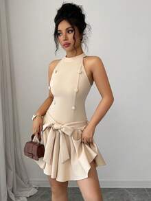 Elenzga Vestido mini de unicolor francés para dama gentil con cuello mao, cintura ceñida, falda plisada y acampanada, cinturón con lazo y botones decorativos, elegante, cómodo y romántico para uso diario y vacaciones - Caqui - Ver 9