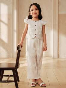 Anewsta Bộ áo không tay và quần ống đứng bằng vải có họa tiết dành cho bé gái. - trắng - Xem 3