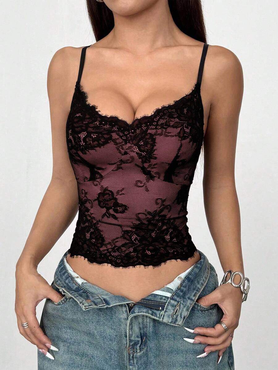 Rina Fox 法式性感蕾丝撞色露背吊带背心女式印花T恤女式上衣 - 粉色 - 查看 1