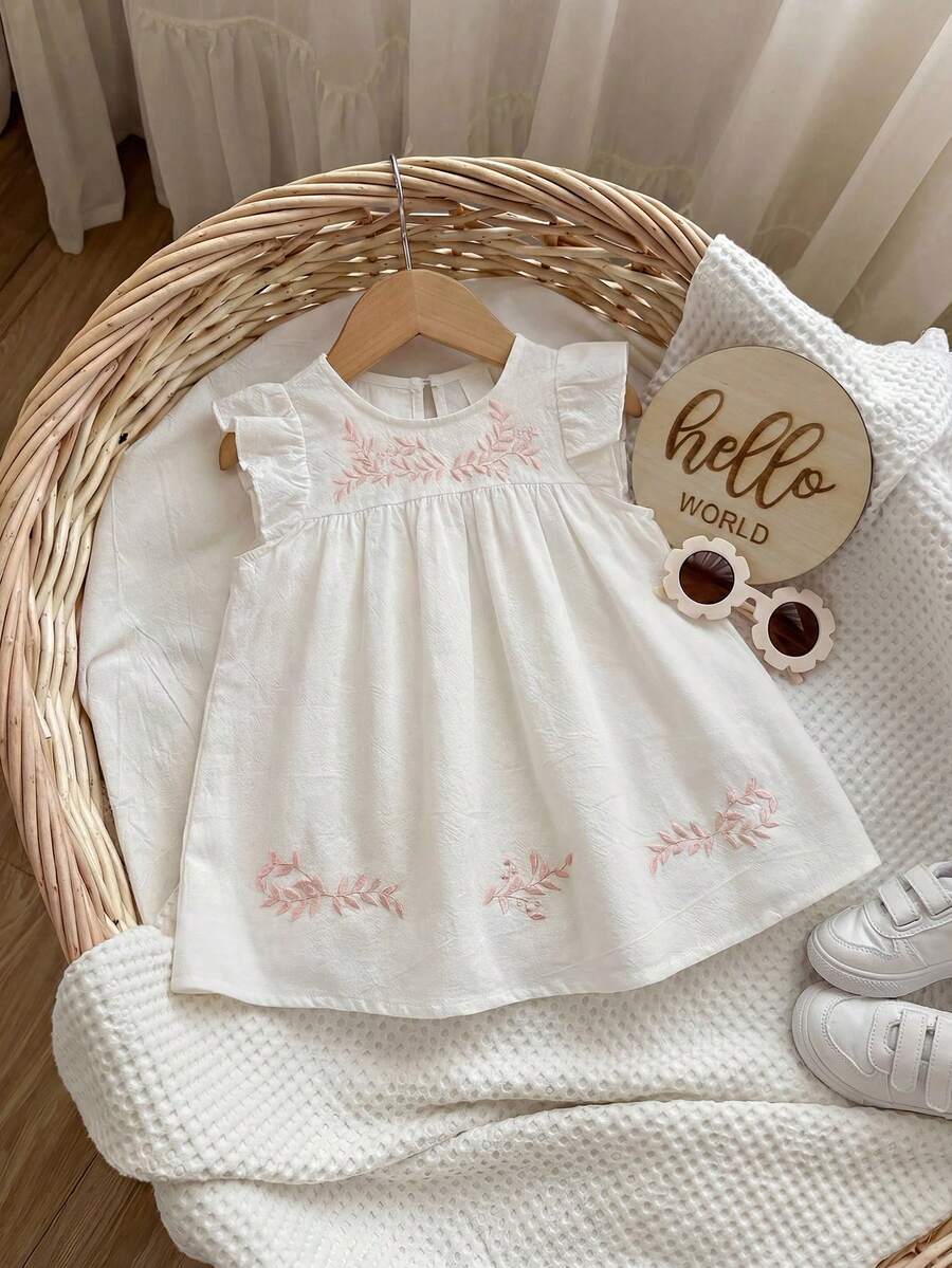 SHEIN 女宝宝夏季休闲刺绣花朵盖袖宽松连衣裙 - 彩色 - 查看 1