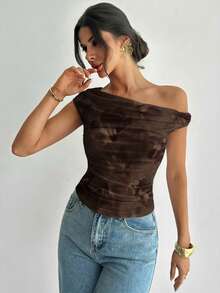 Firerie 女士不对称肩部棕色扎染印花褶皱不对称领口T恤，印花上衣，不对称肩部上衣，春夏服装，沙滩装，通勤装，优雅，性感，度假装，波西米亚风，夏威夷风，音乐节装，浪漫装，约会装 - 棕色 - 查看 6