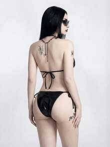 ROMWE Goth 女士休闲度假沙滩派对优雅深色纯黑色挂脖比基尼两件套，新款夏季款式 - 黑色 - 查看 2