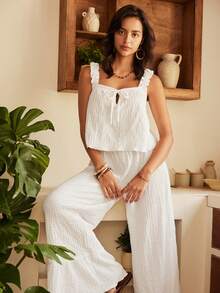 Women's Bohemian Spaghetti Strap Tank Top And Wide Leg Pants Pajama Set, Spring/Summer - White - View 1