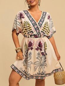 Travachic Plus Size Women Fashion Casual Printed V-Neck Short Dress - Multicolor - View 5