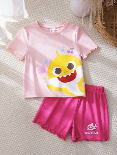 BABY SHARK X SHEIN 卡通印花圆领短袖T恤短裤套装，适合年轻女孩