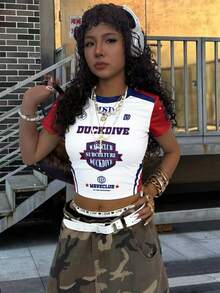 Rovax Women's Letter Print Fitted Crew Neck Casual T-Shirt - Multicolor - View 3