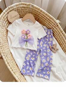 SHEIN LMoss Kids Bộ đồ mùa hè dễ thương cho bé gái: quần ống loe và áo tay ngắn dệt kim họa tiết hoa màu tím. - Màu tím - Xem 4