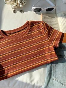 Comfortcana Colorful Striped Knit Fitted Women T-Shirt - Rust Brown - View 6