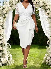 SHEIN Lady Plus Size Women Solid Color Contrast Lace Ruffle Elegant Dress - White - View 1