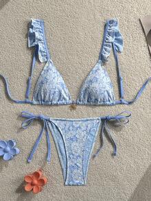 Swim Mod Women's Casual Sexy Vacation Beach Party White And Blue Floral Special Fabric Spaghetti Strap Triangle Cup Floral Pendant 2 Pieces Swimwear Summer - Blue - View 2
