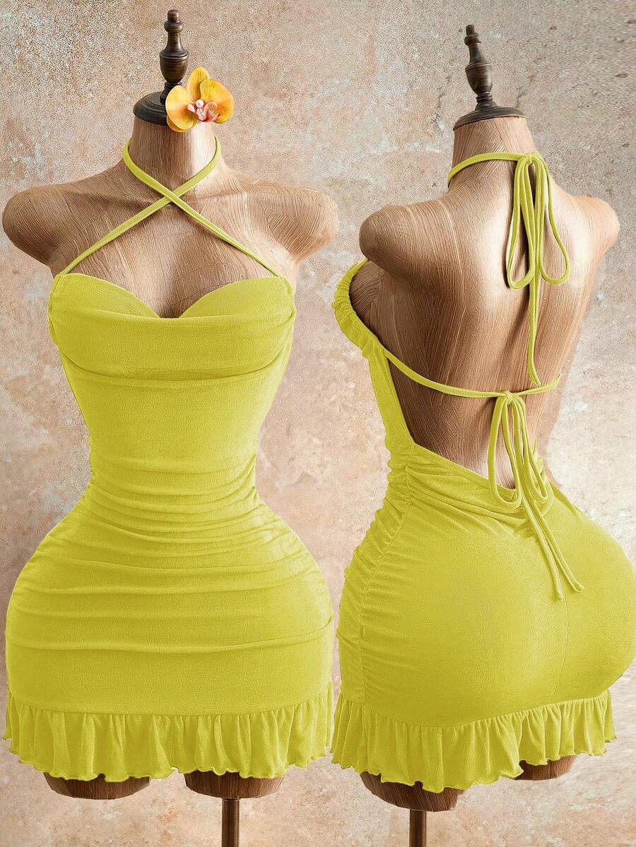 Mistrie 女士性感抽绳迷你紧身连衣裙，夏季时尚绿色吊带迷你连衣裙，后背系带，适合派对之夜，女士夜店装扮，性感女士 - 黃色 - 查看 1