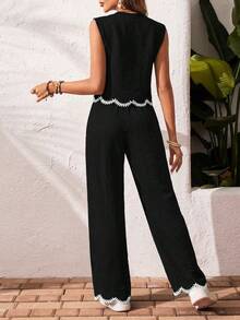 SHEIN Frenchy Women's Plant Embroidery Single-Breasted Vest And Pants Casual Boho 2 Pieces Set,Holiday Outfits Women,Women's Summer Casual Black And White Striped V-Neck Button Front Sleeveless Top Wide Leg Pants Two Piece Set With Lace Trim Casual Outfit,Casual Sets For Women,Oing Out Outfits,Beach Holiday Vacation Outfitsummer Outfits For Women - Black - View 2