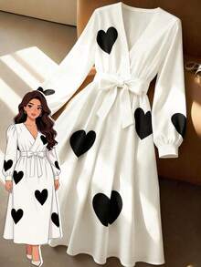 GlowEve CURVE 大码女士优雅时尚V领爱心印花长袖连衣裙，系带中长连衣裙，日常连衣裙，情人节连衣裙，休闲/工作连衣裙 - 黑與白 - 查看 1