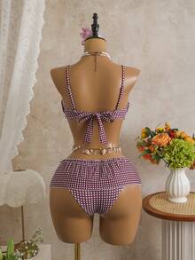 Swim Mod 女士沙滩休闲度假荷叶边格子印花抹胸可拆卸肩带比基尼两件套 - 彩色 - 查看 2