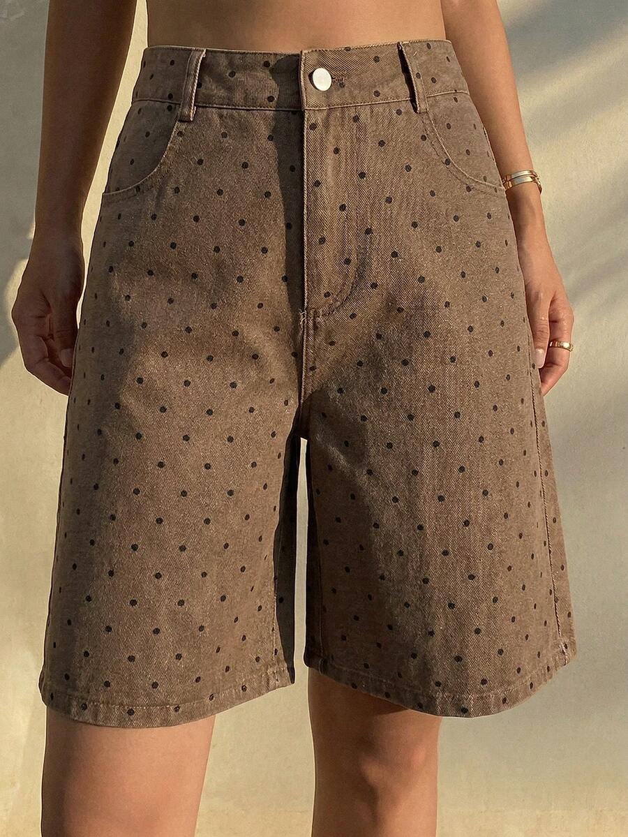 DAZY Quần short denim chấm bi dáng rộng thoải mái, thích hợp mặc đi biển mùa hè cho nữ. - màu nâu - Xem 1
