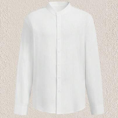 Camicia casual da uomo a maniche lunghe, colore unito, camicia in lino bianca da uomo, camicia casual bianca da uomo, camicia strutturata in puro coto