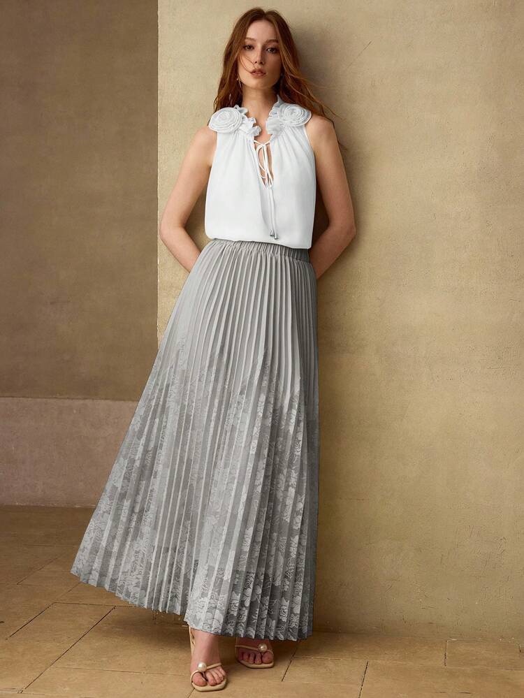 WOMEN'S CONTRAST LACE ELASTIC WAIST PLEATED SKIRT