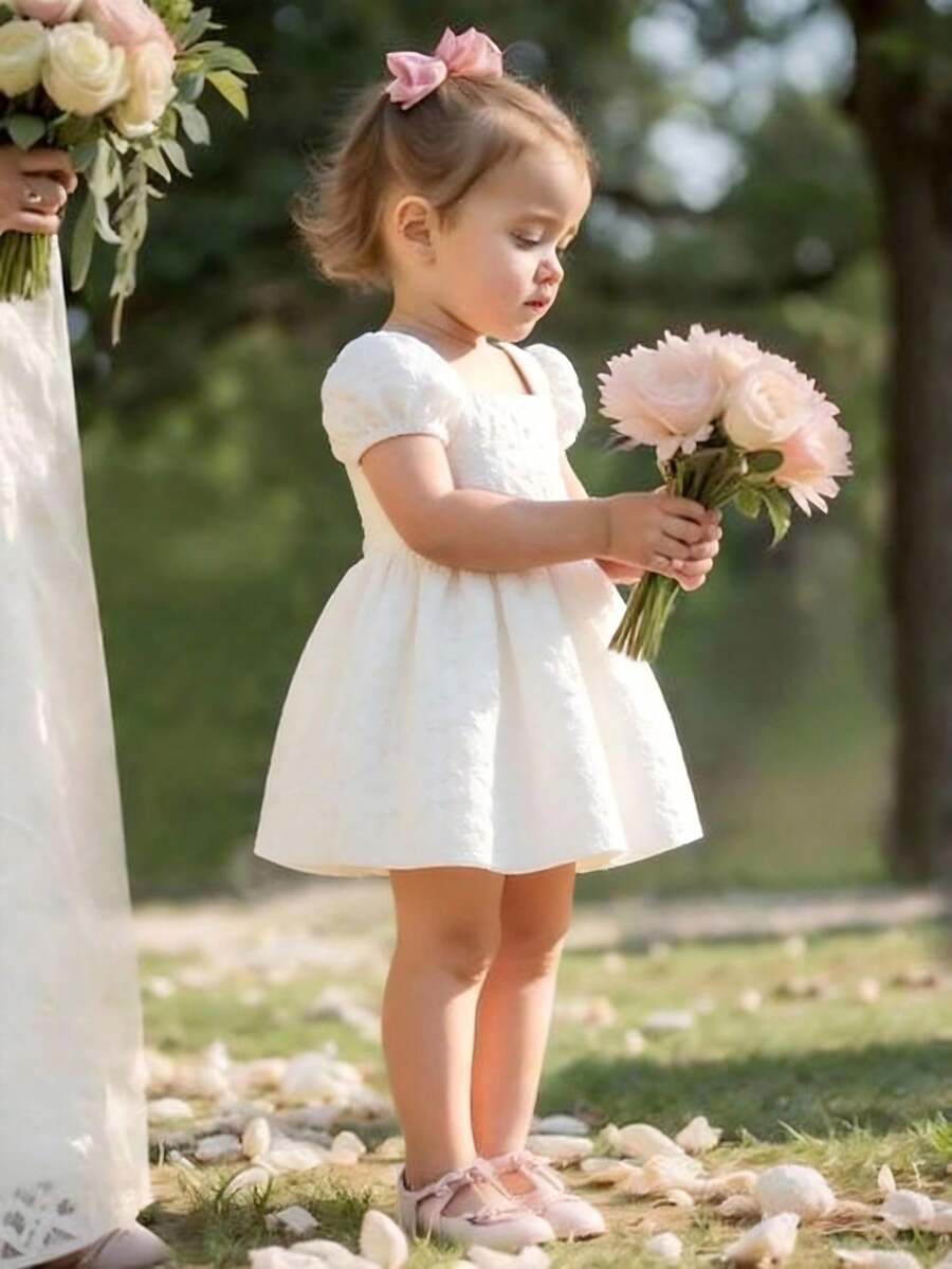 Souflis Souflis Vestido de niña con mangas abullonadas, estilo retro francés, de alta gama, con textura de jacquard, silueta de línea A y lazo mariposa en la espalda, para temporada de bodas - Blanco - Ver 1
