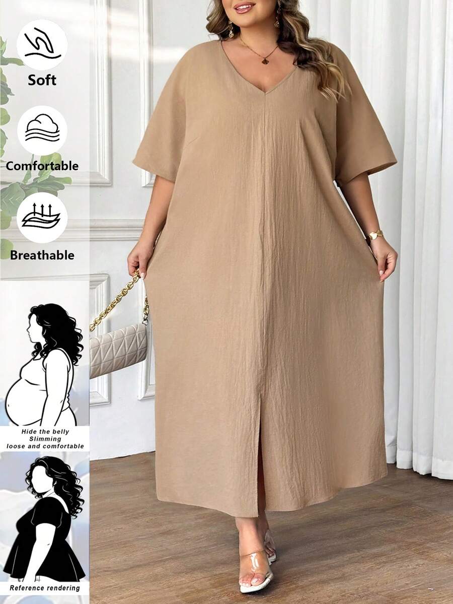 SHEIN CURVE+ 大码女式V领宽松休闲短袖连衣裙 - 卡其色 - 查看 1