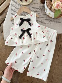LMoss Kids 2件套女婴樱桃印花梭织背心和裤子套装 - 白色 - 查看 6