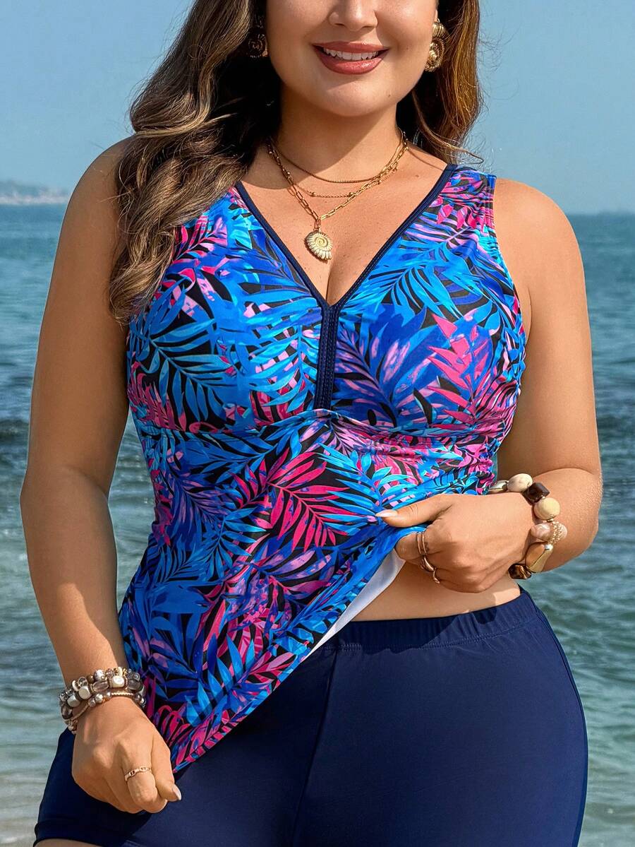 Swim Lushoire Plus Size Fashionable Printed Casual Vacation Tankini Swimwear - Multicolor - View 1