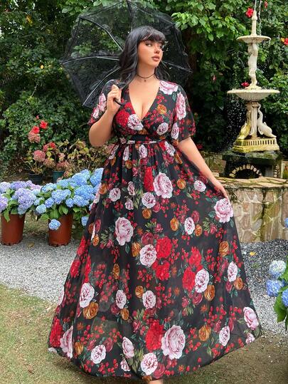 Lyrianda Đầm ngắn tay xòe, cổ chữ V, họa tiết hoa lãng mạn kiểu retro, thắt eo, dáng thanh lịch.