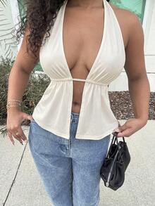 Alexandranx Summer Front Slit, Backless, Knotted Halterneck Beach Top - White - View 3