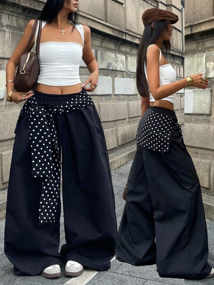 Coolane 波点印花扭结松紧腰休闲阔腿梭织女裤 - 黑色 - 查看 1