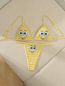 SpongeBob SquarePants | SHEIN 女士卡通印花内衣套装 - 黃色 - 查看 1
