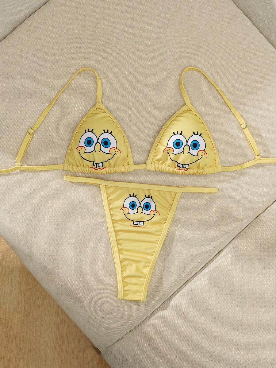 SpongeBob SquarePants | SHEIN 女士卡通印花内衣套装 - 黃色 - 查看 1