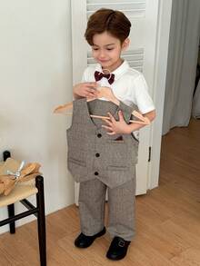 DAZY Young Boy English Style Gentleman Suit Vest, Short Sleeve Shirt And Pants Formal Outfit - Grey - View 2