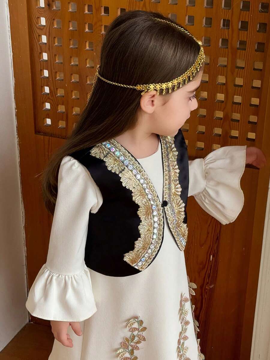 Dazy Kids Young Girl Floral Trim Single-Breasted Vest Jacket - Black - View 1