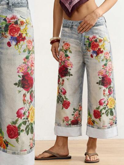 Bohemela Women's BOHO Woven Low Waist Wide Leg Cropped Jeans, Summer